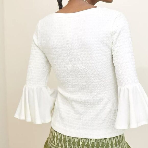 Anthropologie Smocked Bell-Sleeve Top Shirt Ivory Women’s Size Extra Small - Picture 2 of 12